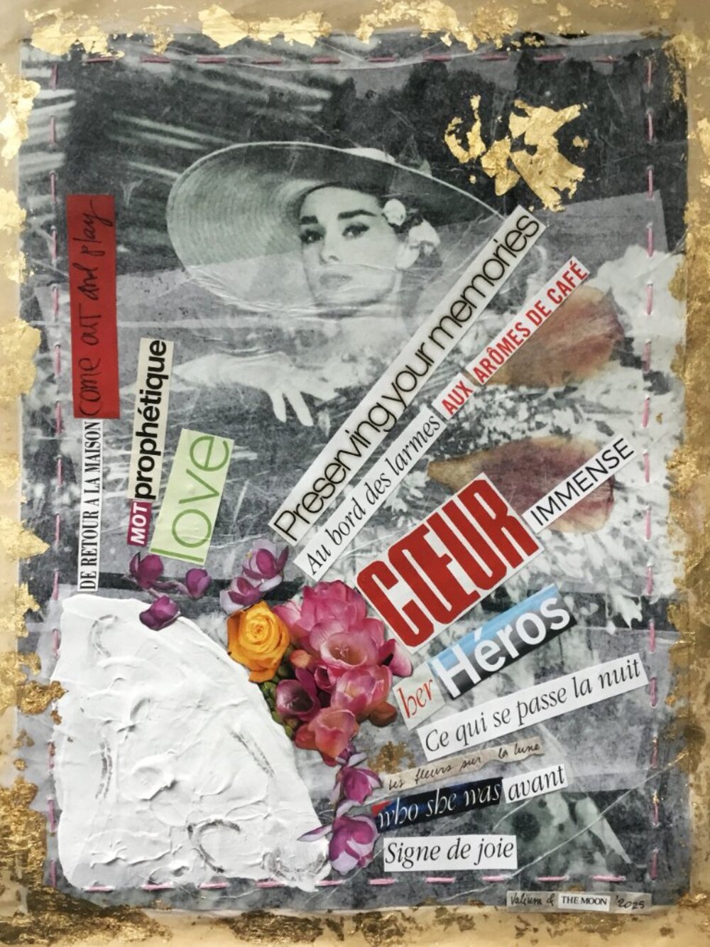 Collage on reproduction mounted on silk and butcher's papers 13 1/2 X 10 1/2inch